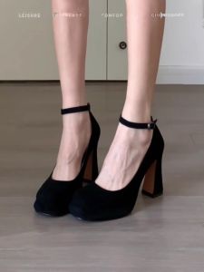2025 Spring New Elegant French Style Womens High Heels with Buckle Waterproof Platform Square Head Thick Heel Single Shoes