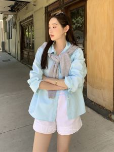 Mint Blue Womens Shirt Casual Loose Fit Long Sleeve Polo Collar Fashionable Outerwear Anti-Aging Design Spring Autumn White