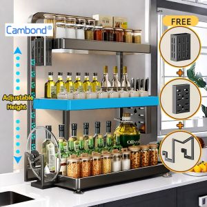 Cambond ชั้นวางเครื่องปรุงในครัว 2/3 ชั้น เหล็กคาร์บอน ปรับสูงได้ สีดำ พร้อมที่วางหม้อและมีด ประหยัดพื้นที่