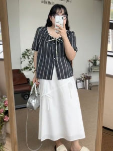 Áo Sơ Mi Nữ Tay Ngắn Kẻ Sọc Cổ Vuông Cỡ Lớn Thiết Kế Che Giấu Mỡ Bụng Mùa Hè Thoải Mái Thường Ngày Chất Liệu Khác 100%