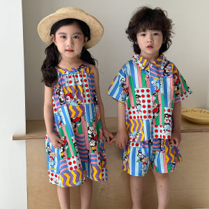 ชุดฤดูร้อนสำหรับเด็กเด็กชายสไตล์วันหยุด2025ใหม่ชุดเดรสเด็กผู้หญิงสไตล์ตะวันตกชุดฤดูร้อนสำหรับพี่น้อง