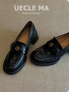 MASHUJIA | Genuine Leather Loafer  High Heel Coarse Heel Easy On-off Design