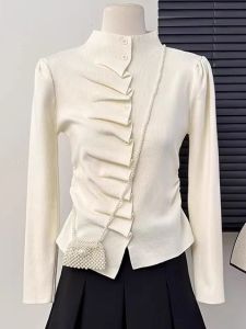 Áo Len Dệt Kim Màu Trơn Cổ Cao Rộng Rãi Thời Trang Đầu Thu Cho Nữ Áo Lót Cơ Bản Đa Năng Thoải Mái Mềm Mại Polyester