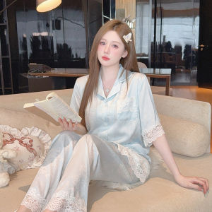 MiiOW | ชุดนอนผ้าไหมน้ำแข็งลายดอกไม้แขนสั้น กางเกงขายาว แขนกุด ทรงหลวม สำหรับผู้หญิง เสื้อผ้าใส่ในบ้าน สไตล์ฤดูร้อน