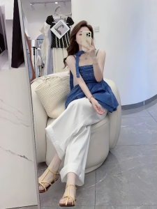 VKSOD | Retro Korean Design Plaid Strap Top Women Summer High Waist Slimming White Wide Leg Pants Two Piece Set Casual Style Summer Wear