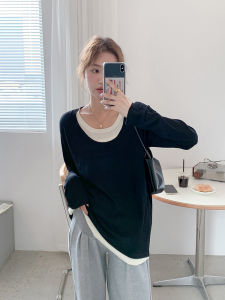 Soft Glutinous Slimming False Two-Piece ~ Maternity Sweater Tops Spring & Fall K-style Contrast Color Round Neck Elastic Trendy Mom Underclothes