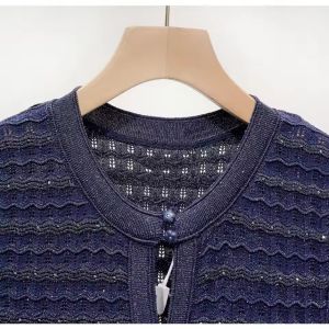 Summer Luxury Navy Blue Tweed Knit Maxi Dress Women Elegant Short Sleeve Button Front Pocket Mermaid Hem Formal Party Outfit New