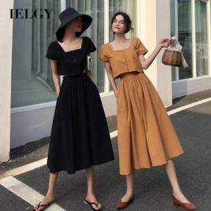 IELGY French Short Sleeve Top Women + High Waist A-line Skirt Two-piece Set