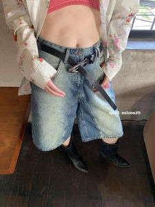 Graduated Vintage Blue Wide Leg Jeans Womens 5-Part Pants High Waist Loose Slimming Short Straight Tube Mid-Calf Summer Jeans