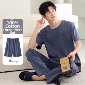 100% Cotton Sleepwear 3-Piece Set Short Sleeve Long Pants