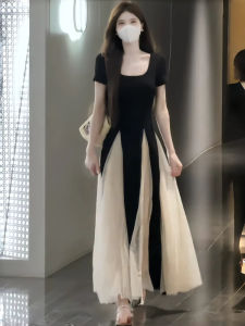 French Style Short Sleeve Mesh Dress Women Summer plus Size Gentle A-Line Long Skirt High Waist Soft Index Net Patchwork