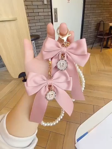 Handmade Hair Accessories Ribbon Cloth Knot Large Pearl Bow Keychain Pendant