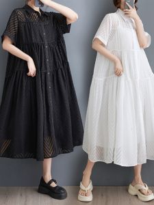 Summer 2025 Artistic Large Size Hollow out Solid Color Shirt Dress Women Loose Casual Korean Style Two Piece Set Commute Friendly