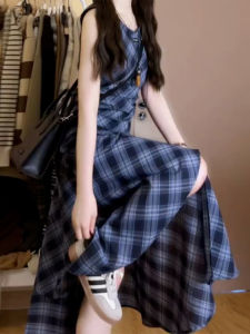 ZHENMANZI | French Plaid Sleeveless Vest Dress Womens Summer New Style Waist In Slimming Long Skirt Casual Loose Waist Polyester Fiber