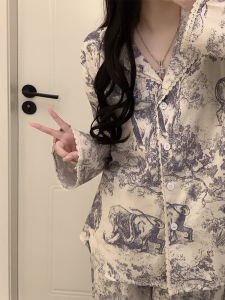 อิงค์เจ็ทระดับไฮเอนด์เกาหลี ชุดนอน ผู้หญิง ฤดูใบไม้ผลิ ฤดูใบไม้ร่วง แขนยาว ผ้าไหม ลำลอง ชุดเสื้อผ้าบ้านลายดอกไม้ ลูกไม้ เสื้อเชิ้ตชุดนอนสบาย