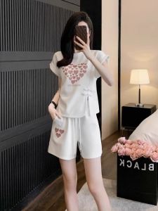 New Chinese Style Womens Fashion Sportswear Short Sleeve T-Shirt Shorts Set Button Design Cotton round Neck Casual Summer Outfit