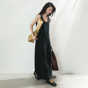 Miccbeirn | Elegant Long Sleeveless Velvet Dress U-neck Black Strap Dress Luxury Spring Autumn New Style Silk Velvet Gown Casual Chic