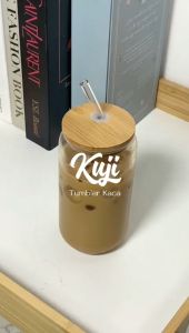 【RUMATIDY】KUJI Tumbler Kaca Tutup Kayu Estetik Dengan Sedotan Kaca Gelas Wadah Transparan Kopi Teh