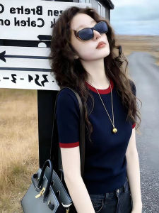 Slim Fitting Navy Round Neck Iced Silk Short Sleeve Knit Top