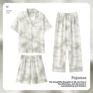 Miiow | Pure Cotton Womens Sleepwear Summer Thin Short Sleeve Three-Piece Set Comfortable Breathable Home Clothes Casual Fashion