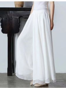 กางเกงชีฟองขากว้างเอวสูงสําหรับผู้หญิงที่มีเอฟเฟกต์ผ้าม่านหรูหรากางเกงเต้นรํากระชับสัดส่วนกางเกงลําลองอเนกประสงค์สีขาว