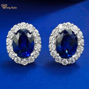 Wong Rain Classic 100% 925 Sterling Silver 6*8 MM Oval Cut Sapphire Ruby High Carbon Diamond Gemstone Ear Studs Earrings Jewelry
