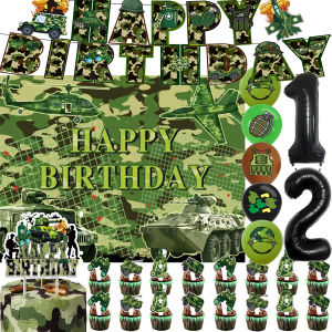 Army Camouflage Theme Kids Birthday Party Supplies Tank Balloon Cake Topper Banner Military Backdrop Decoration Baby Shower Prop