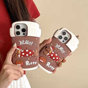 💯【Phone Case】+FREE Shipping 💯 Luxury Coffee Cup 3D Cartoon Silicone Sausage Dog For iPhone 16 15 14 13 12 Pro Max 14 15 Plus Case Cover Shockproof New Year Capas