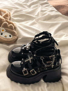 Punk Style Thick Heel Boosting Black Leather Shoes for Women Spring Autumn New Style Japanese JK Single Shoes Fashionable round Toe