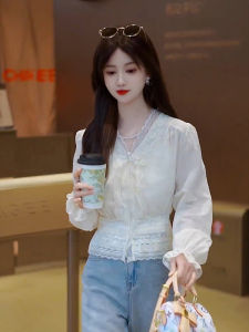 Unique Designer Lace Trimmed V-Neck Long Sleeve Shirt
