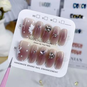 Handmade Purple Blush Patch False Nails Removable Hand-Painted Diamond White Nail Art Finished Product Nail Tips Wearable Nails