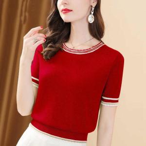 Versatile Ice Silk Short Sleeve Knitted T-Shirt Thin Slimming Large Size Summer Design Womens Fashion Casual round Neck Top
