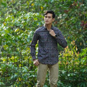 NFZ Kemeja Batik Pria Lengan Panjang Diamond Hitam Navy Brown Murah