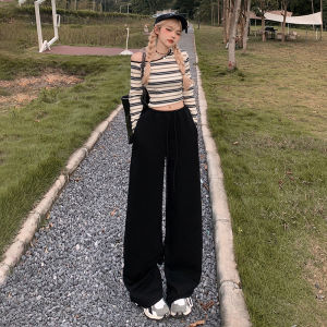Loose Casual Sweatpants Air Touch Stripe Scythe Pants Drawstring Sports Pants Low Waist Wide Leg Pants Polyester Spandex