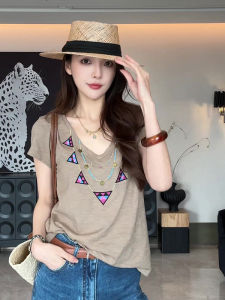 Summer Fashion V-Neck Short Sleeve T-Shirt Womens Loose Slimming Casual Top Creative Geometric Pattern Korean Style