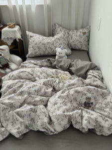Korean Style Pink Floral Washed Cotton Double Layered Embroidered Bear Bedding Set for Students Three Piece Cotton Sheet Set
