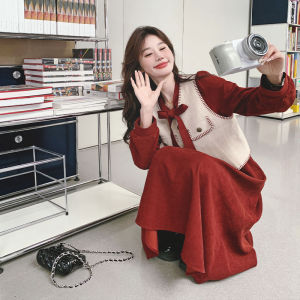 Red Elegant Womens Dress Set High Waist A-Line Skirt Long Sleeve Shirt Collar Vintage Style Two-Piece Suit Autumn Fashion