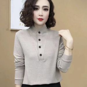 เสื้อเชิ้ตคอปกสูงผู้หญิงฤดูใบไม้ร่วง/ฤดูหนาว ทรงหลวม ผ้าโพลีเอสเตอร์ ปกเสื้อ แฟชั่นสำหรับคุณแม่ คอกลม แขนยาว สีพื้น