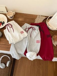 Korean Style Fleece Lined Trousers with Embroidered Letters for Kids Boys Girls Sporty Long Pants Autumn Winter Cotton Polyester