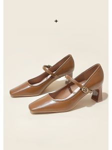 รองเท้าส้นสูง Mary Janes สำหรับผู้หญิง ทรงหัวเหลี่ยม ส้นหนา ไม่เจ็บเท้า ทรงหัวมน ทรงหัวเหลี่ยม รองเท้าส้นเดี่ยว สีน้ำตาลอ่อน ฤดูใบไม้ผลิ 2025