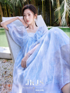 JK&JS | Beach Vacation Golden Silk Chiffon Crinkled Dress Large Skirt
