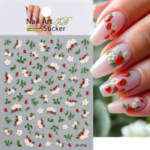 1Pcs 5D Embossed Strawberry Flower Nail Stickers Small Fresh Green Leaf Red Fruits Nails Decals for Spring Summer Daily Manicure