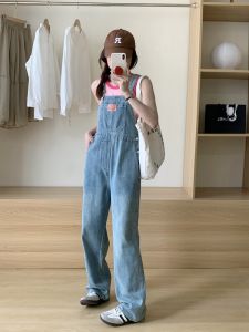 Spring Autumn Denim Overalls Womens Small Size Retro Anti Aging Slimming Loose Orange Broom Wide Leg Pants Trendy High Waist Zipper Closure Light Color