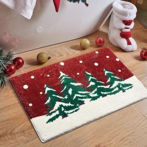 VIKAMA Christmas Snow Scene Bath Mat Red White Tree Non Slip Absorbent Bathroom Rug For Shower Tub Toilet Winter Decor