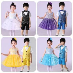 lontakids Kids Pageant Outfits Girls Sequined Tutu Dress Boys 4Pcs Suit Set for Hosts Weddings Parties Flower Kids School Dance Performance Costume