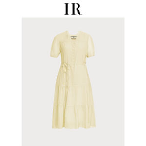 HR | HR Helena 100% Mulberry Silk V-neck French Romantic Dress Summer Beach Vacation Skirt Women Elegant Commute Style Belted A-line