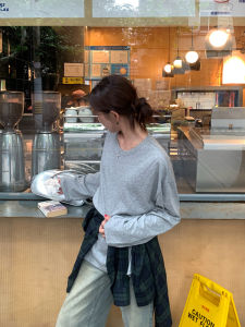 Gray Long Sleeve T-Shirt Womens Loose Slimming Base Shirt Inner Wear Top Halos Luu Korean Style Lazy Cotton Spring Fashion