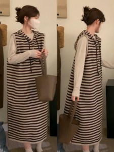 ชุดเดรสแขนกุดคอตั้งลายทางทรงหลวมสไตล์ฝรั่งเศสสำหรับผู้หญิง ชุดฤดูใบไม้ร่วง/ฤดูหนาว ชุดเดรสยาวปานกลาง