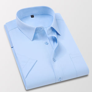 Áo Sơ Mi Nam Tay Ngắn Chống Nhăn Bằng Lụa Băng Màu Đen Ôm Vừa Vặn Cho Văn Phòng Không Cần Ủi Mùa Hè Cỡ Lớn