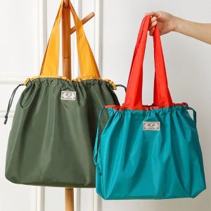 Foldable Eco-Friendly Shoulder Bags Womens Reusable Grocery Bag Large Capacity Foldable Shopping Bag with Drawstring Closure